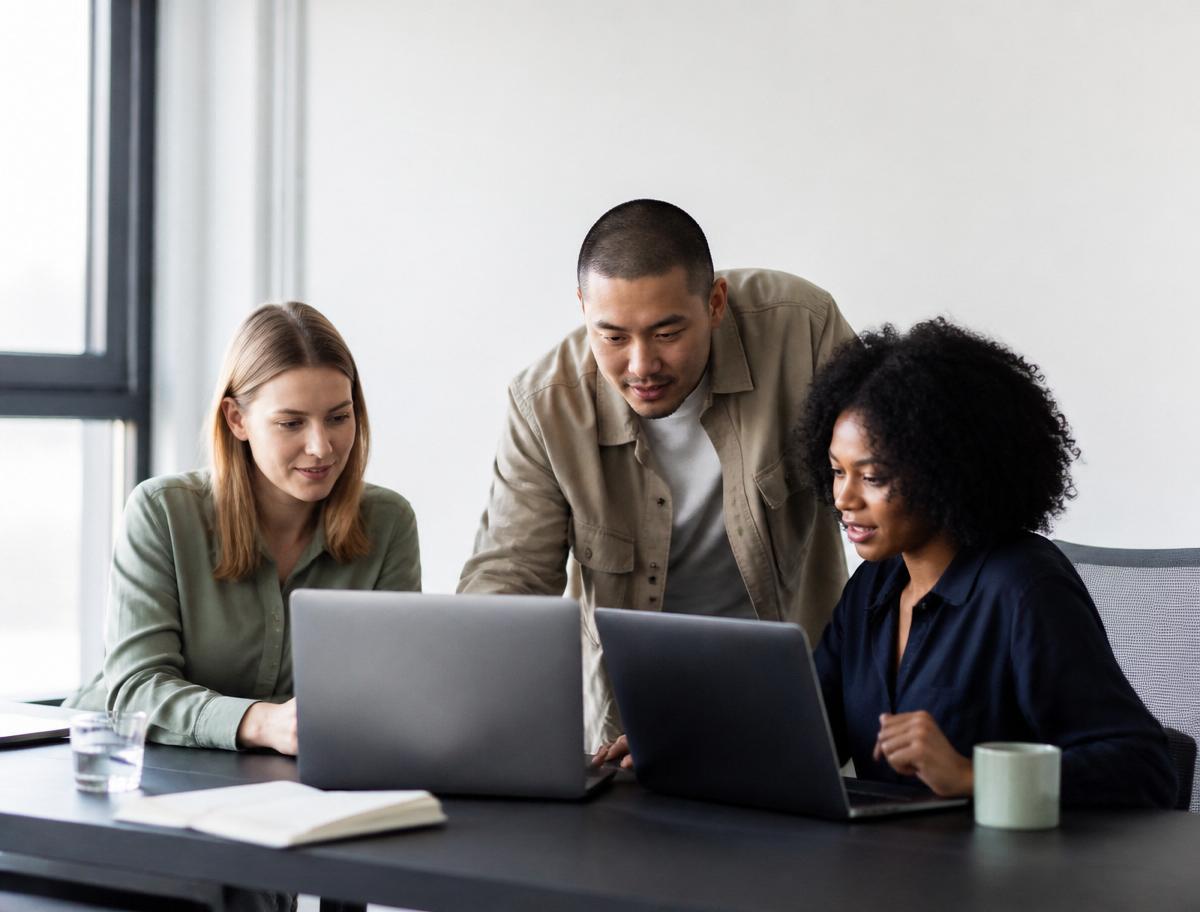 A marketing team reviewing Facebook Page conversations together on laptops
